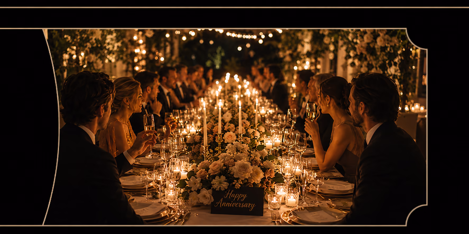Elegant dinner party with guests in formal attire around a long candlelit table celebrating an anniversary.