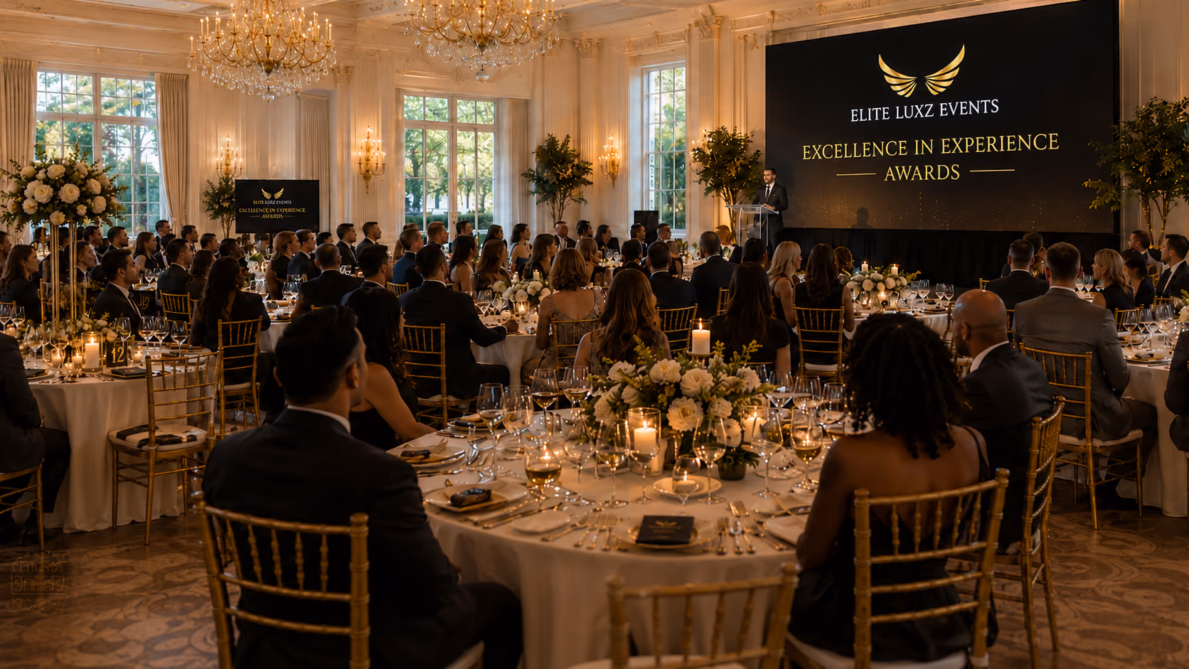 Guests seated at round tables listen to a speaker at the Elite Luxz Events Excellence in Experience Awards.
