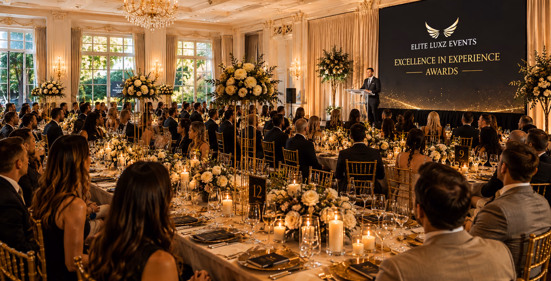 Formal awards ceremony with guests seated at decorated tables and a speaker at a podium on stage.
