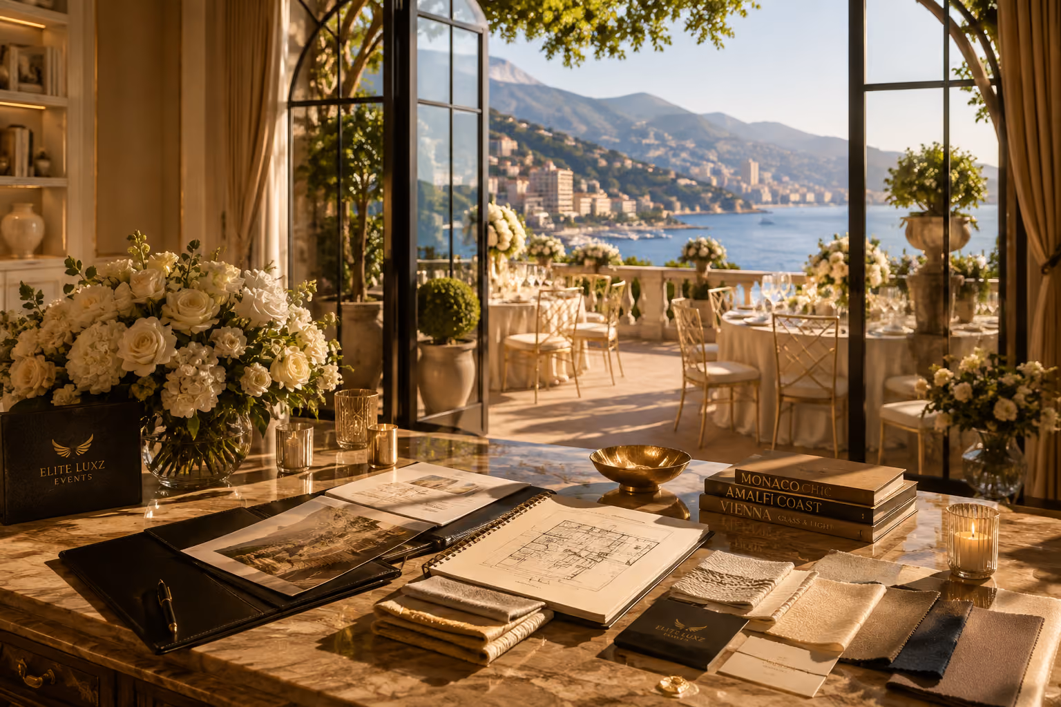 Elegant event setup with bouquets, fabric samples, books, and plans overlooking a terrace and coastal city.