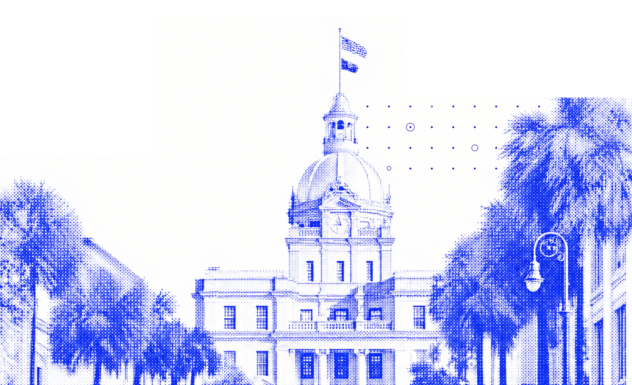 Dotted blue halftone image of a clock tower building with a dome, flags on top, and palm trees on each side.
