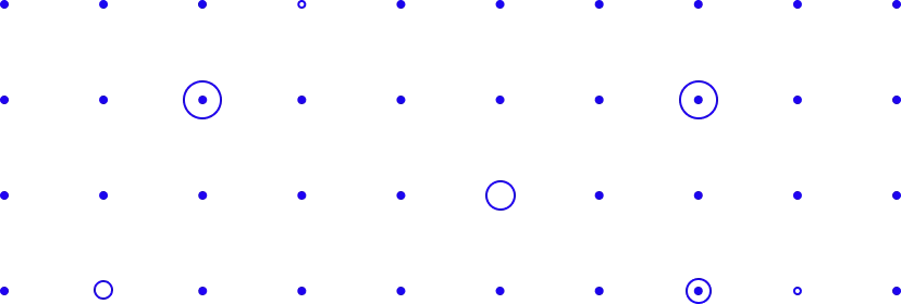 Pattern of small blue dots arranged in a grid on a transparent background with some dots encircled by blue rings.
