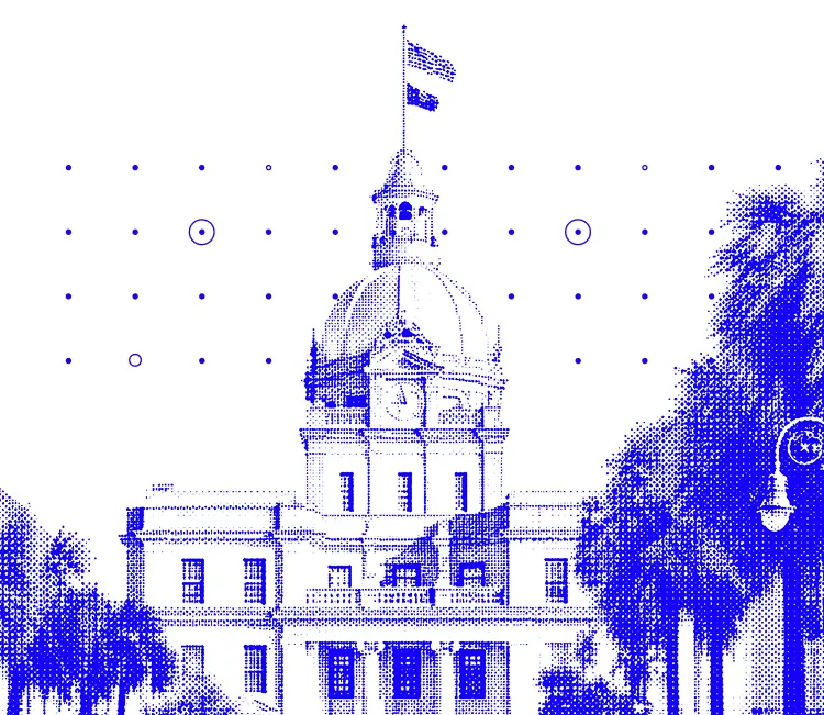 Dotted blue halftone image of a clock tower building with a dome, flags on top, and palm trees on each side.