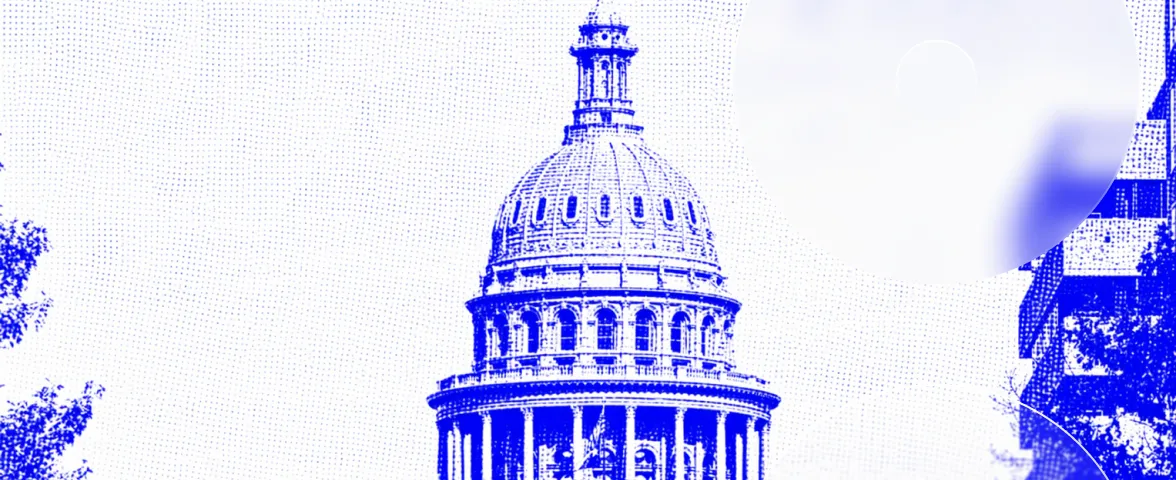 Detailed blue halftone dot pattern of a classical government building dome with columns and a lantern.