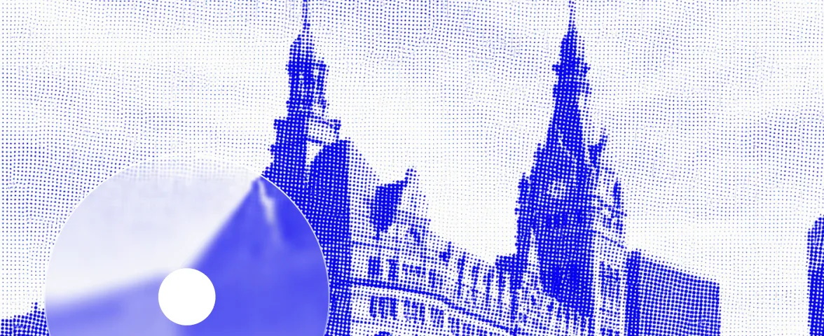 Blue halftone city hall building with clock tower and a partially visible CD or DVD at left bottom.