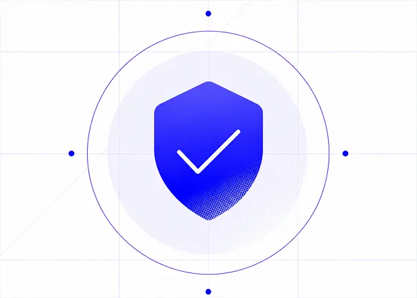 Blue icon of a person with a cape standing confidently inside a circle with four outer dots.
