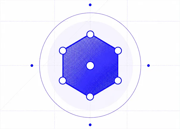 Hexagon with six connected nodes arranged in a circle, centered within multiple concentric circles.