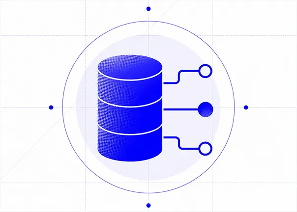 Blue database icon with three connection lines extending from its right side inside a circular grid.
