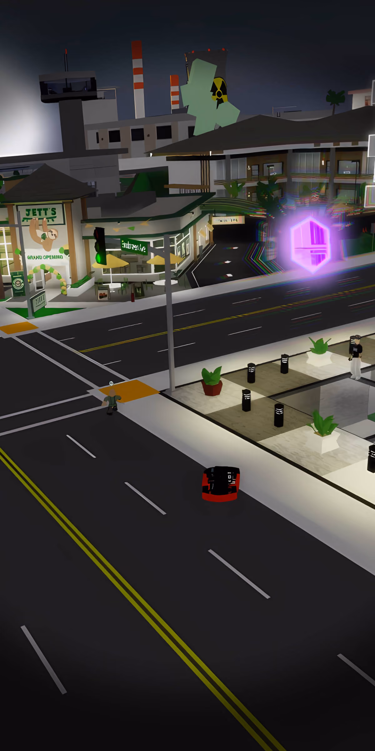 A Brookhaven street at night with a glowing purple mystery marker