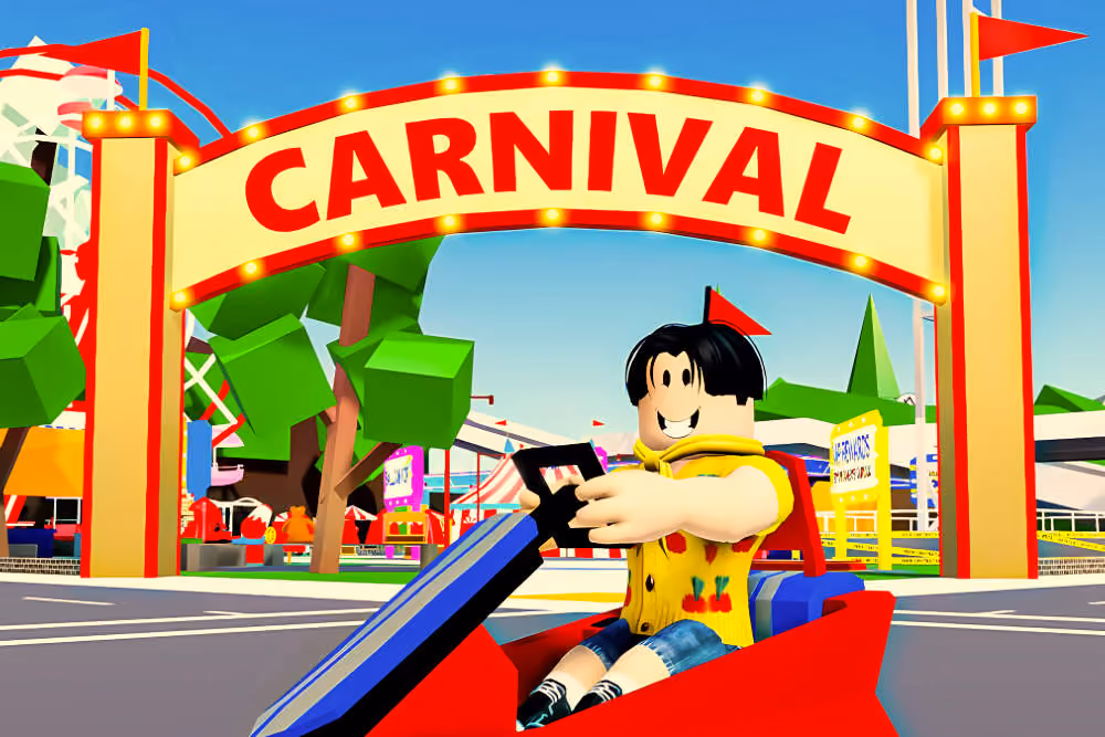 Brookhaven characters at a carnival with striped tents