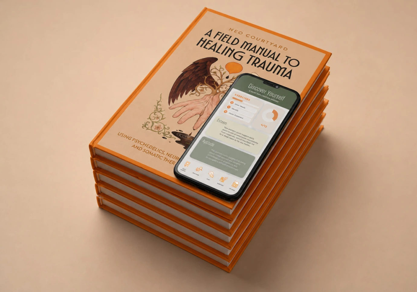 A Field Manual to Healing Trauma book displayed with the companion app