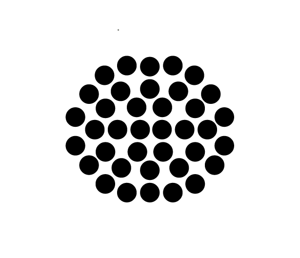 Cluster of 36 evenly spaced solid black circles arranged in a roughly circular shape on white background.