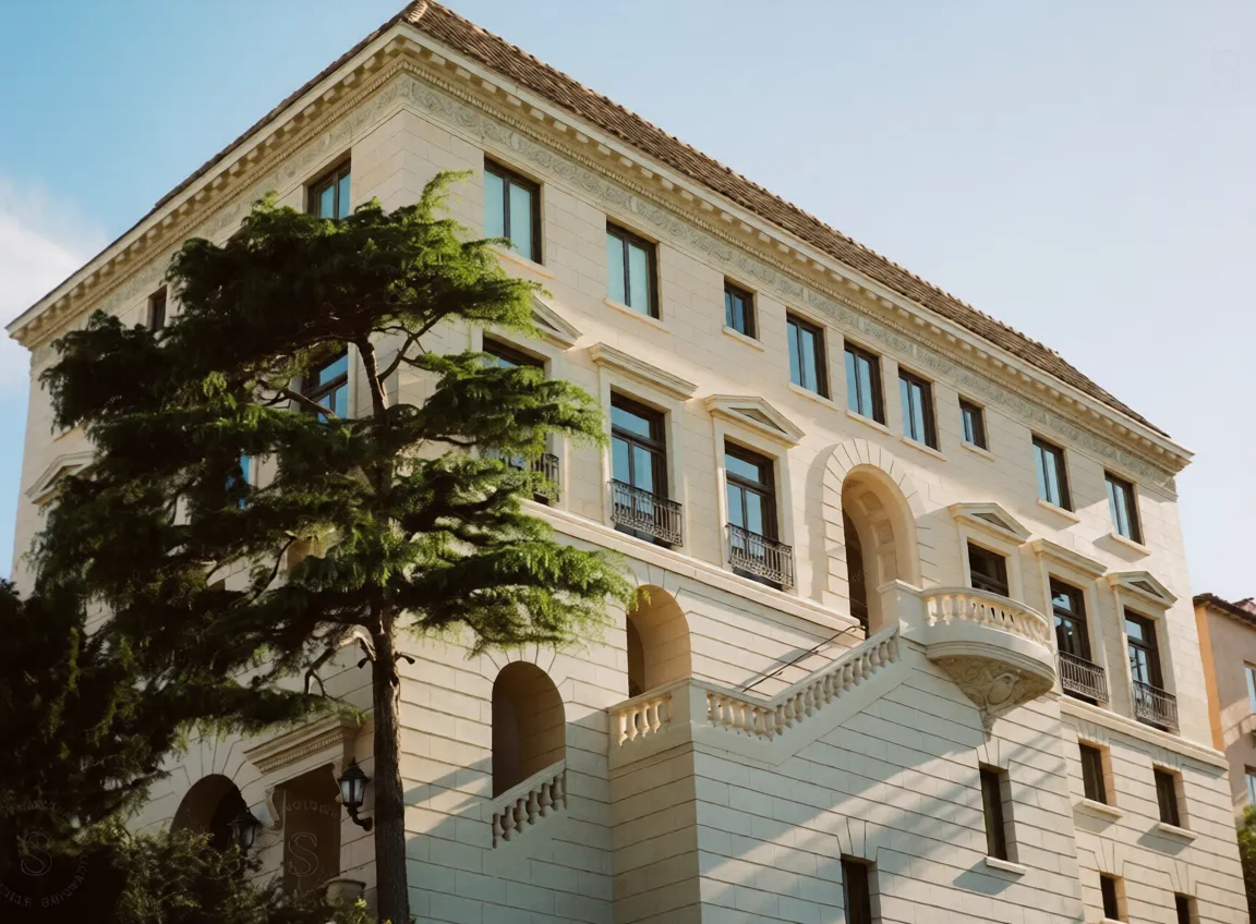 A cream limestone mansion with grand terraced stairs and arched windows