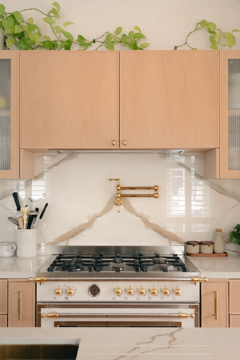 A professional range set into custom oak cabinetry with a brass pot filler