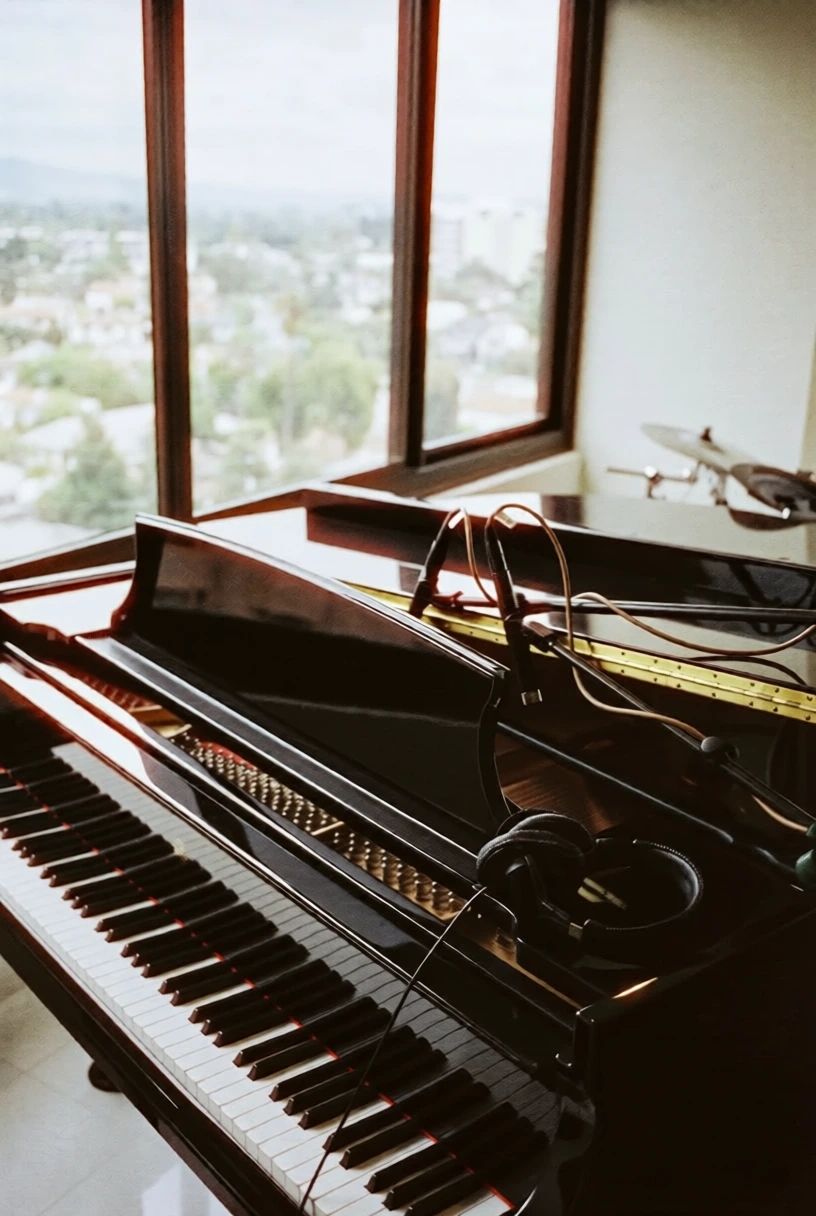 A grand piano beside a window overlooking the city