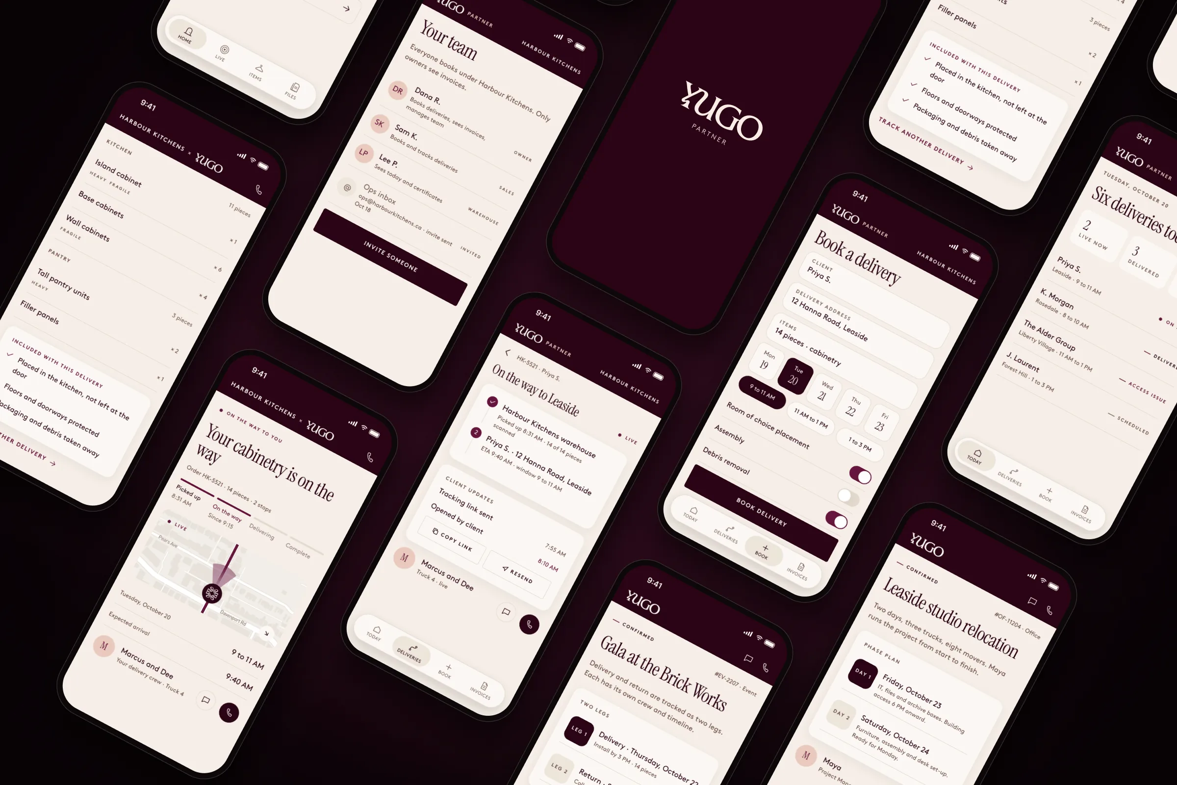 Yugo+ for business clients: today's deliveries, booking a delivery, the live tracking link your client receives, delivery records and team access