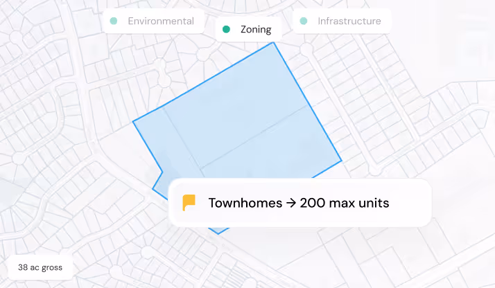 Map showing a blue zoning area for townhomes allowing a maximum of 200 units on 38 acres.