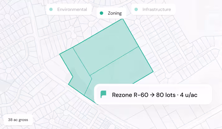 Map highlighting a zoning area marked for rezoning from R-60 to 80 lots at 4 units per acre on 38-acre land.