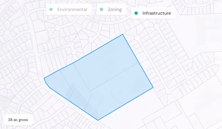 Map showing a 38-acre gross property outlined in blue under infrastructure category.