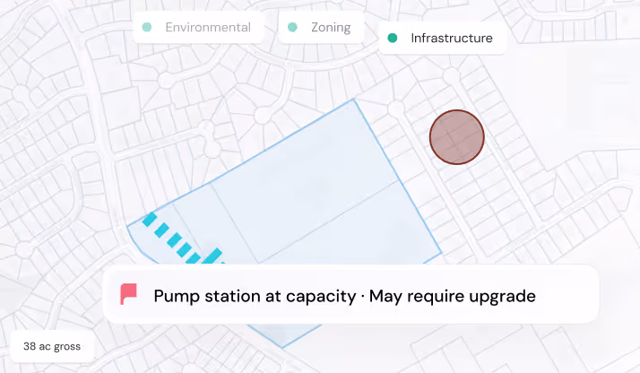 Map highlighting a pump station at capacity with note indicating it may require an upgrade.