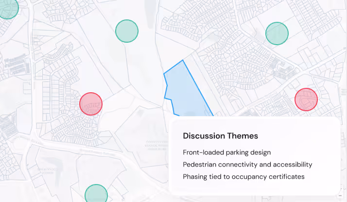 Map highlights discussion themes about parking, accessibility, and occupancy certificates.