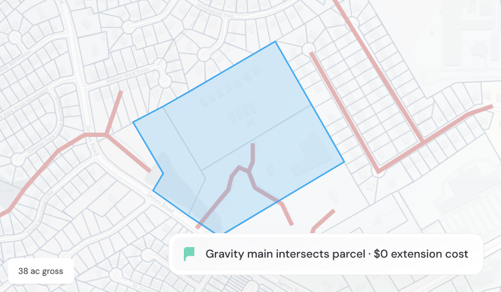 Map showing a blue-highlighted parcel intersected by Gravity main with zero extension cost noted.