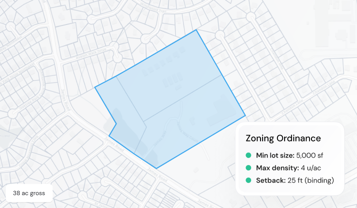 Map showing a 38-acre area outlined in blue with zoning rules for minimum lot size, density, and setback.