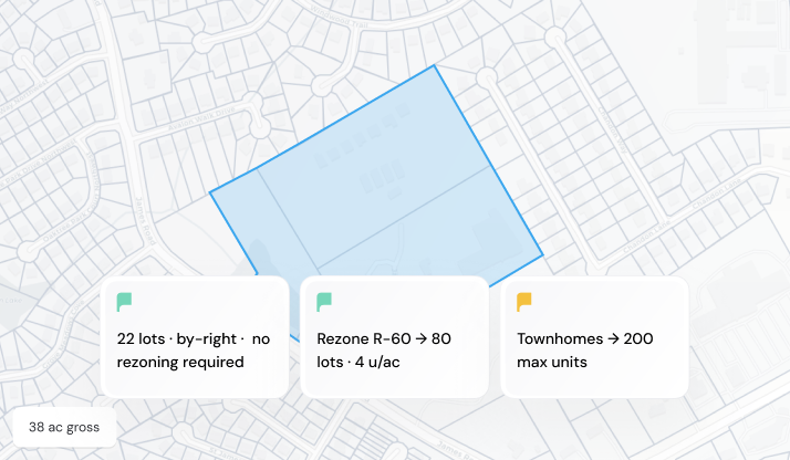 Map with blue outlined zone showing 22 lots no rezoning, rezone R-60 to 80 lots, max 200 townhome units.