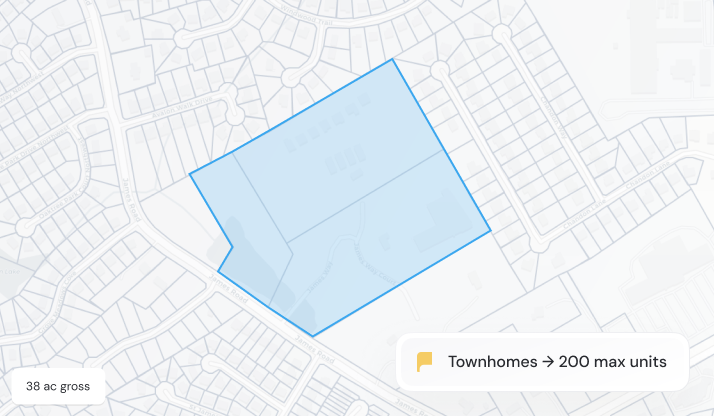 Map highlighting a 38-acre area zoned for townhomes with a maximum of 200 units.
