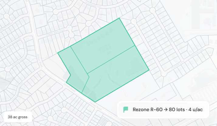 Map highlighting a 38-acre area proposed for rezoning to R-60 with 80 lots at 4 units per acre.