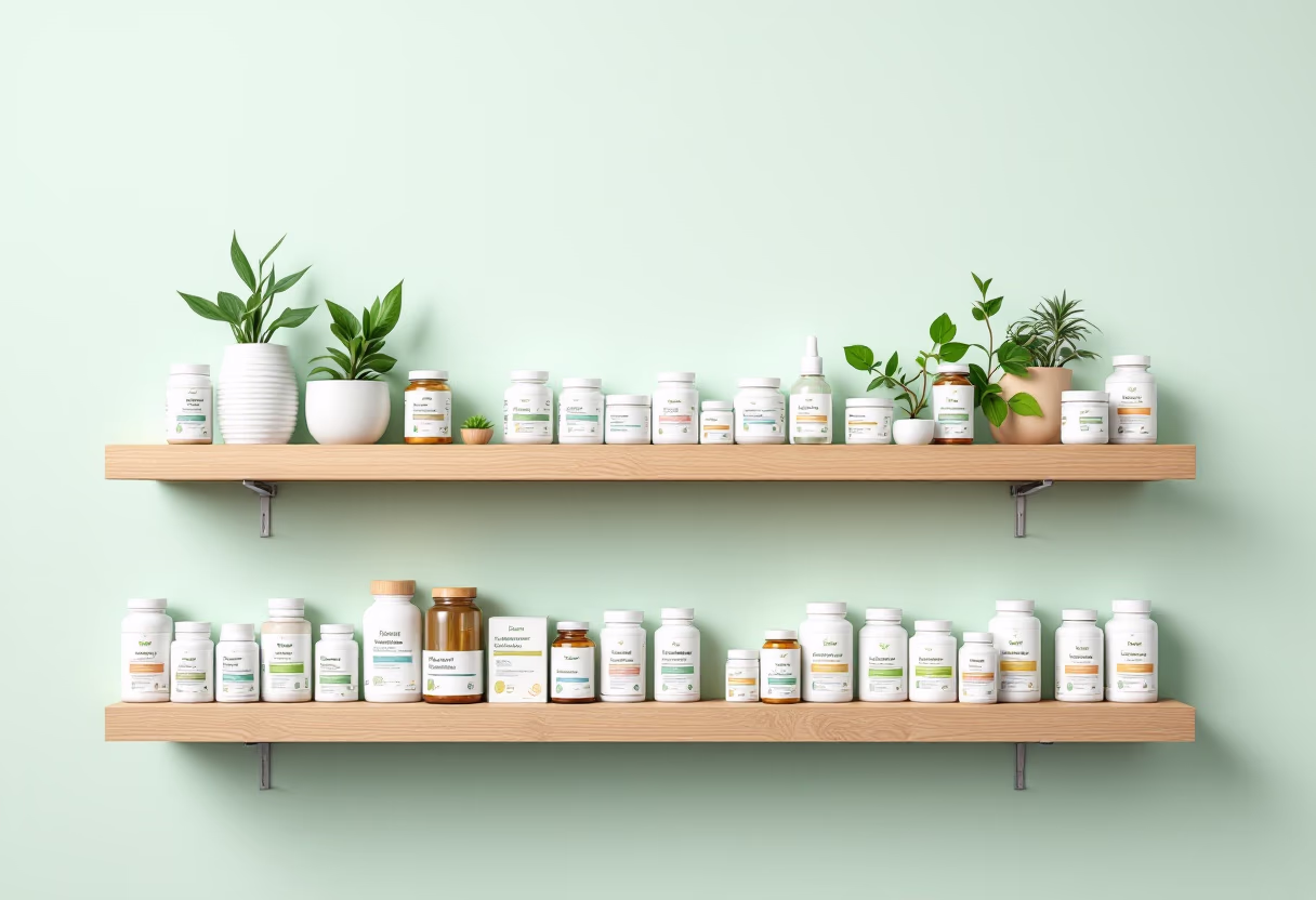 [background image] retail setting with neatly arranged products (for a pharmacy)