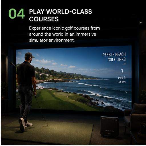 Man playing golf in a simulator showing Pebble Beach course with ocean and cliffs.