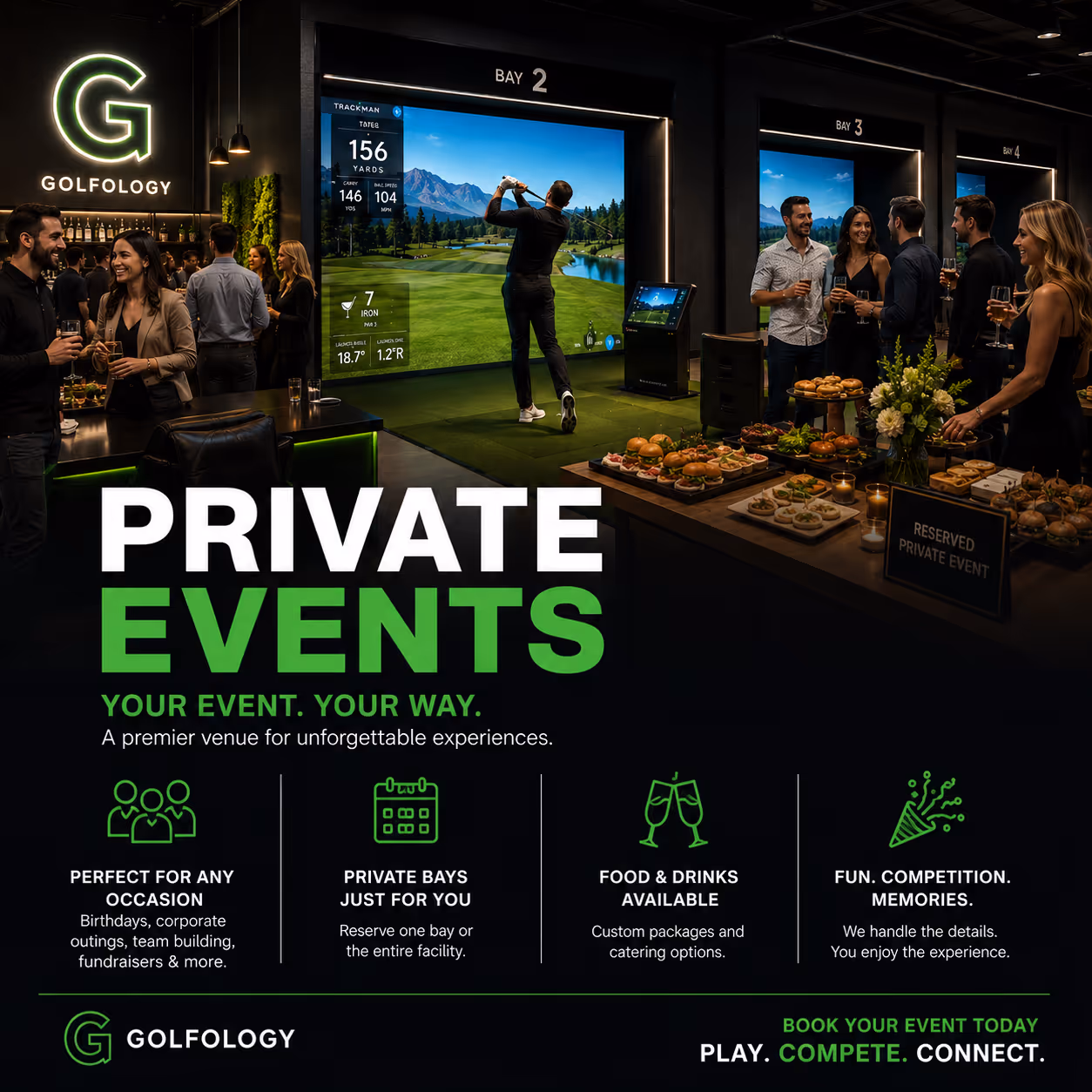 Indoor golf venue with people socializing, private bays, and food for private events and celebrations.