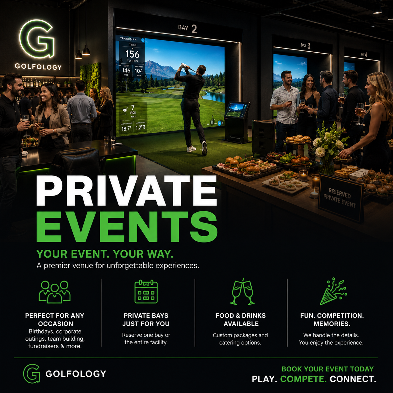 Indoor golf venue with people socializing, private bays, and food for private events and celebrations.
