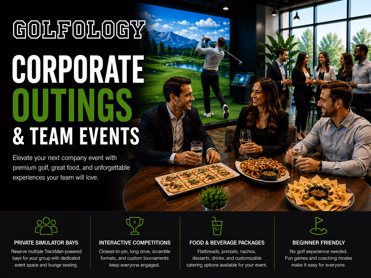 People enjoying food and drinks at a corporate golf simulator event with golf play in the background.