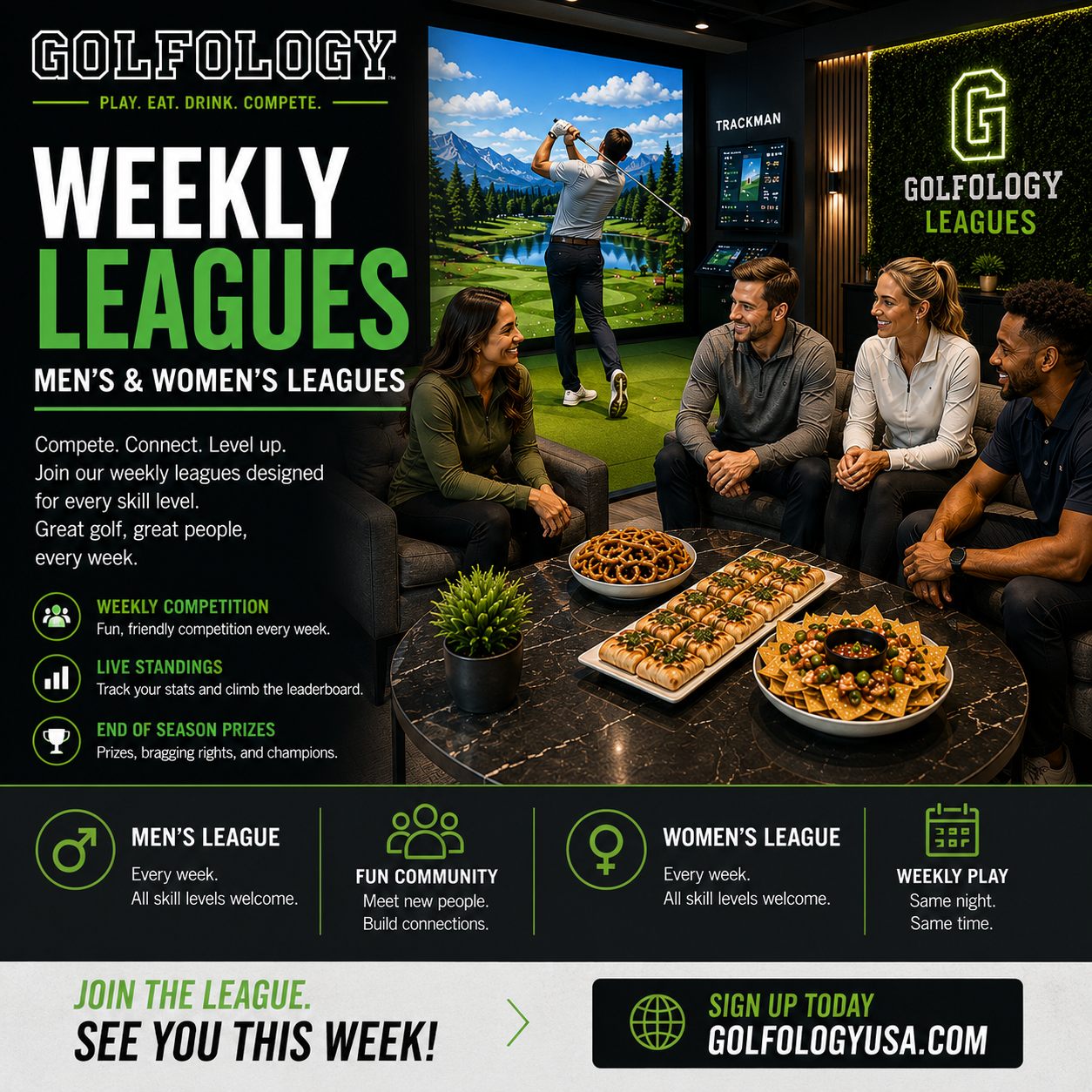 Four people seated around a table with snacks, a man swings a golf club in a golf simulator room.