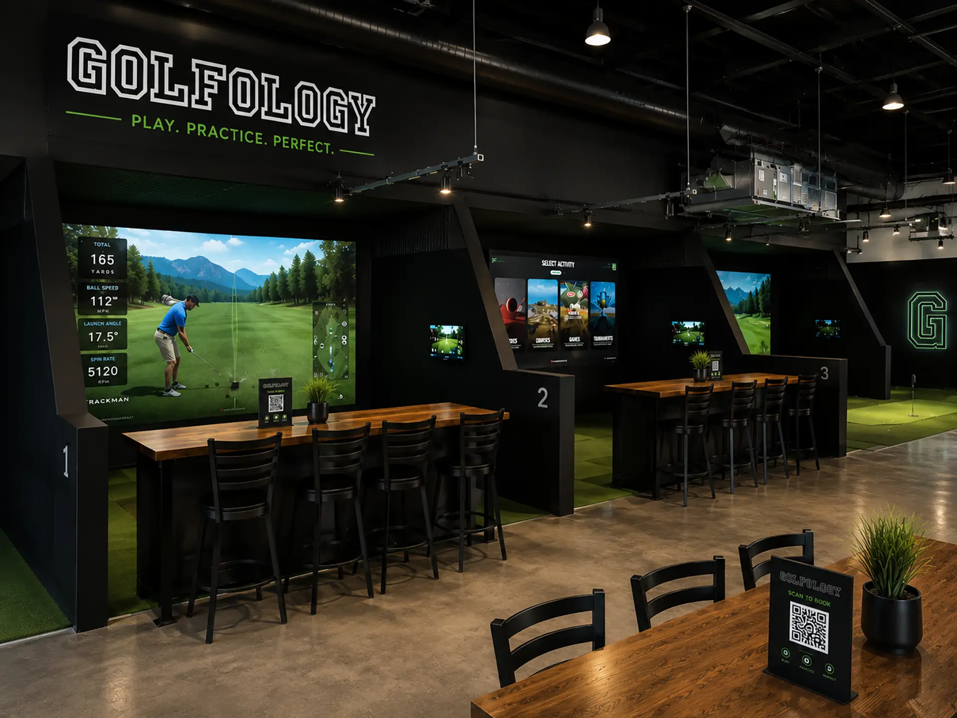 Indoor Golfology event space with TrackMan simulator bays for private parties and corporate events