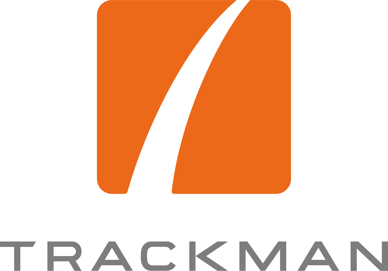Trackman logo with an orange square and a white curved path above grey text.