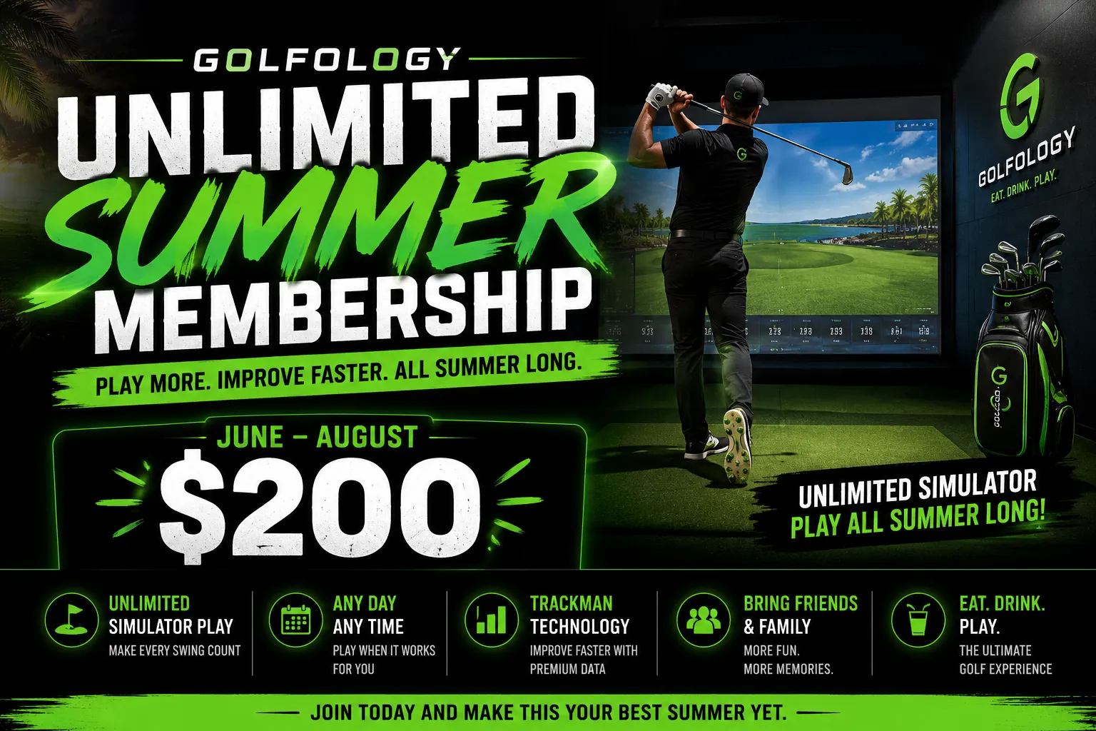Golfer swinging indoors on simulator with text about unlimited summer membership offer for $200 from June to August.