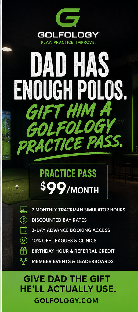 Indoor golf simulators with wooden seating, digital screens, and Golfology branding on the wall.