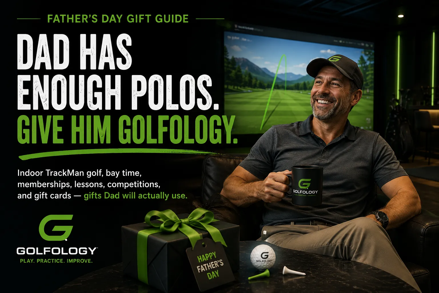 Fathers daynext to a gift box, golf ball, and tee with golf simulator screen behind