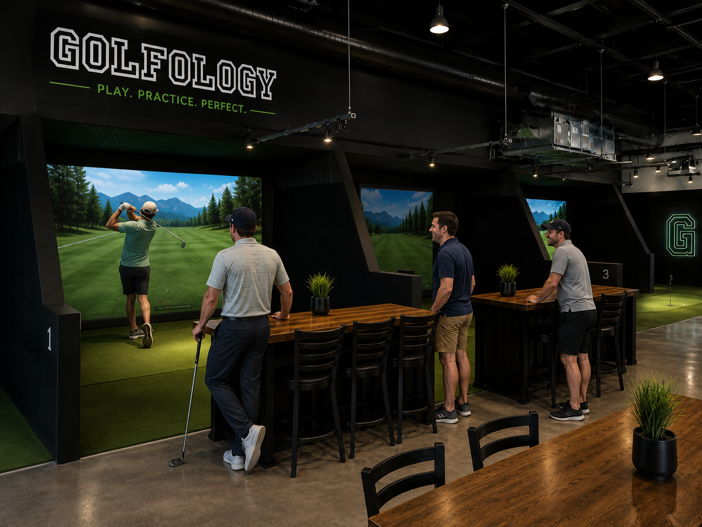 Two versus two league night in a Golfology indoor simulator bay