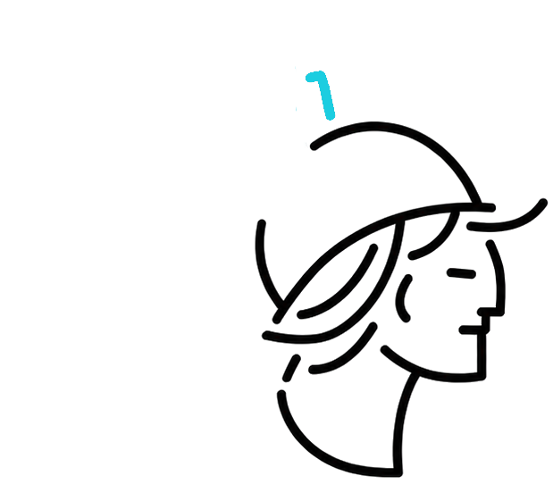 Eine minimalistische schwarze Strichzeichnung eines Kopfes, der einen Helm mit Visier und Federbusch trägt.