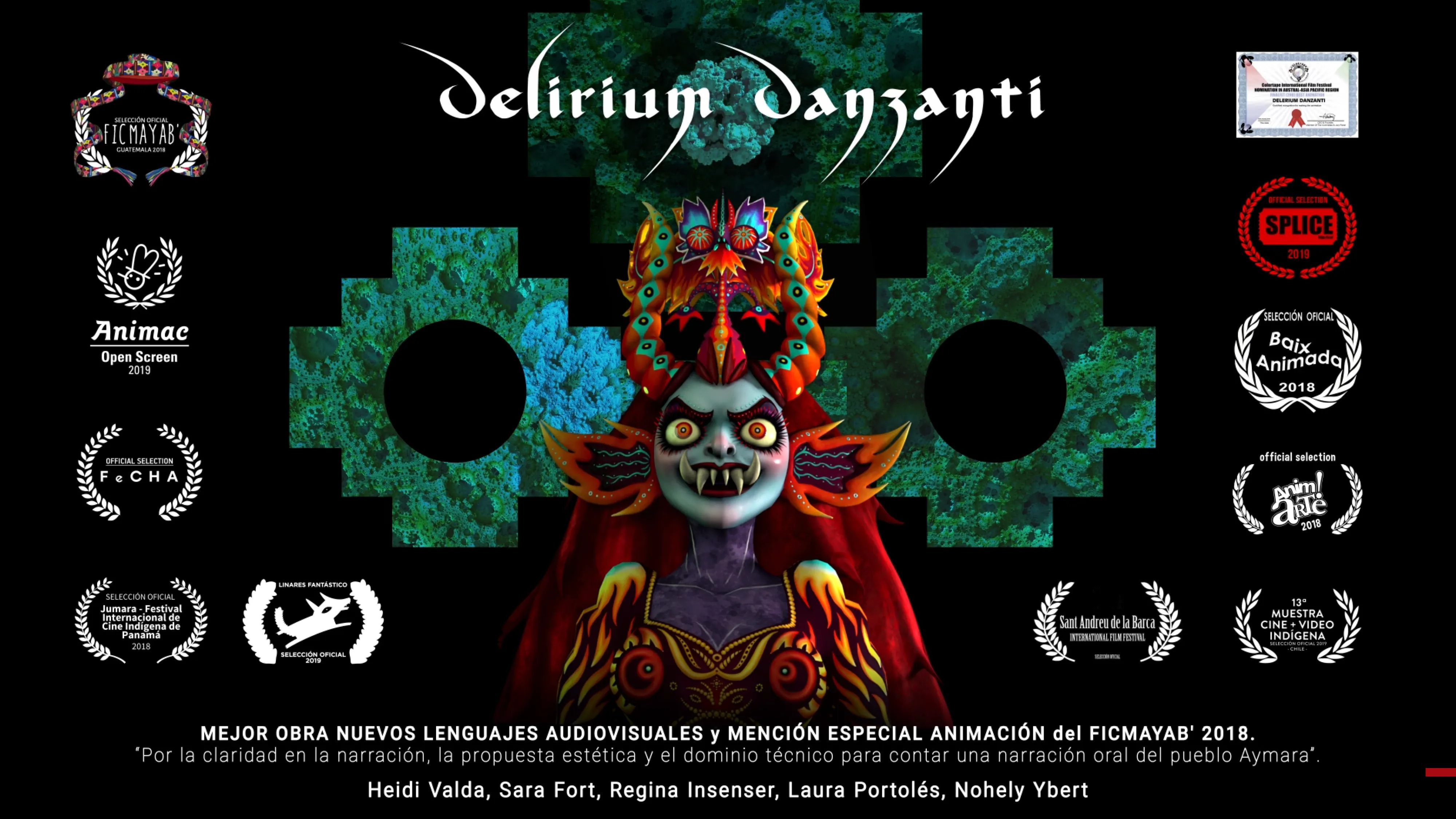 Colorful animated character with fangs and red cloak under 'Delirium Danzanti' title with festival laurels.