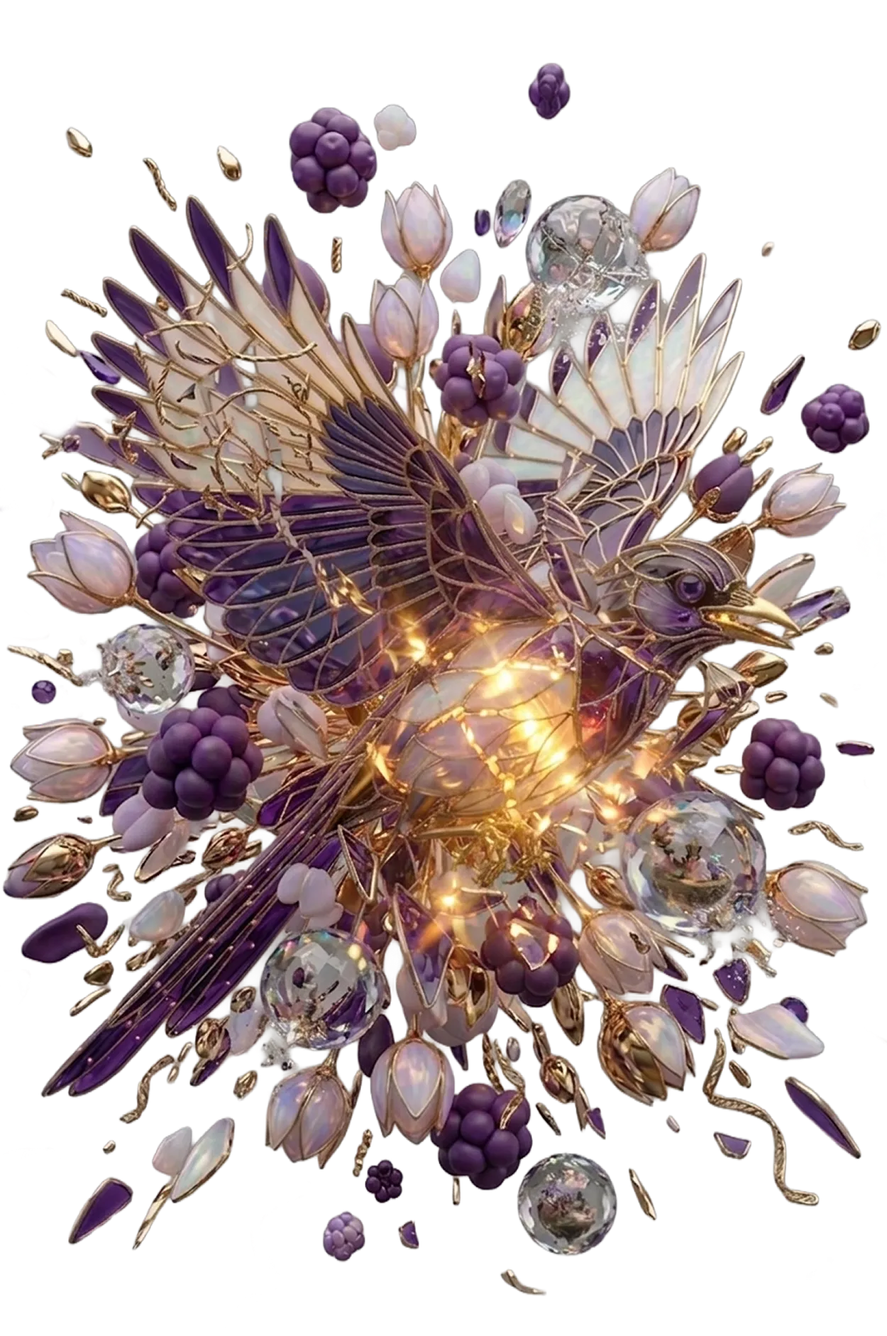 Decorative purple and gold magpie with glowing lights surrounded by purple berries and crystals.