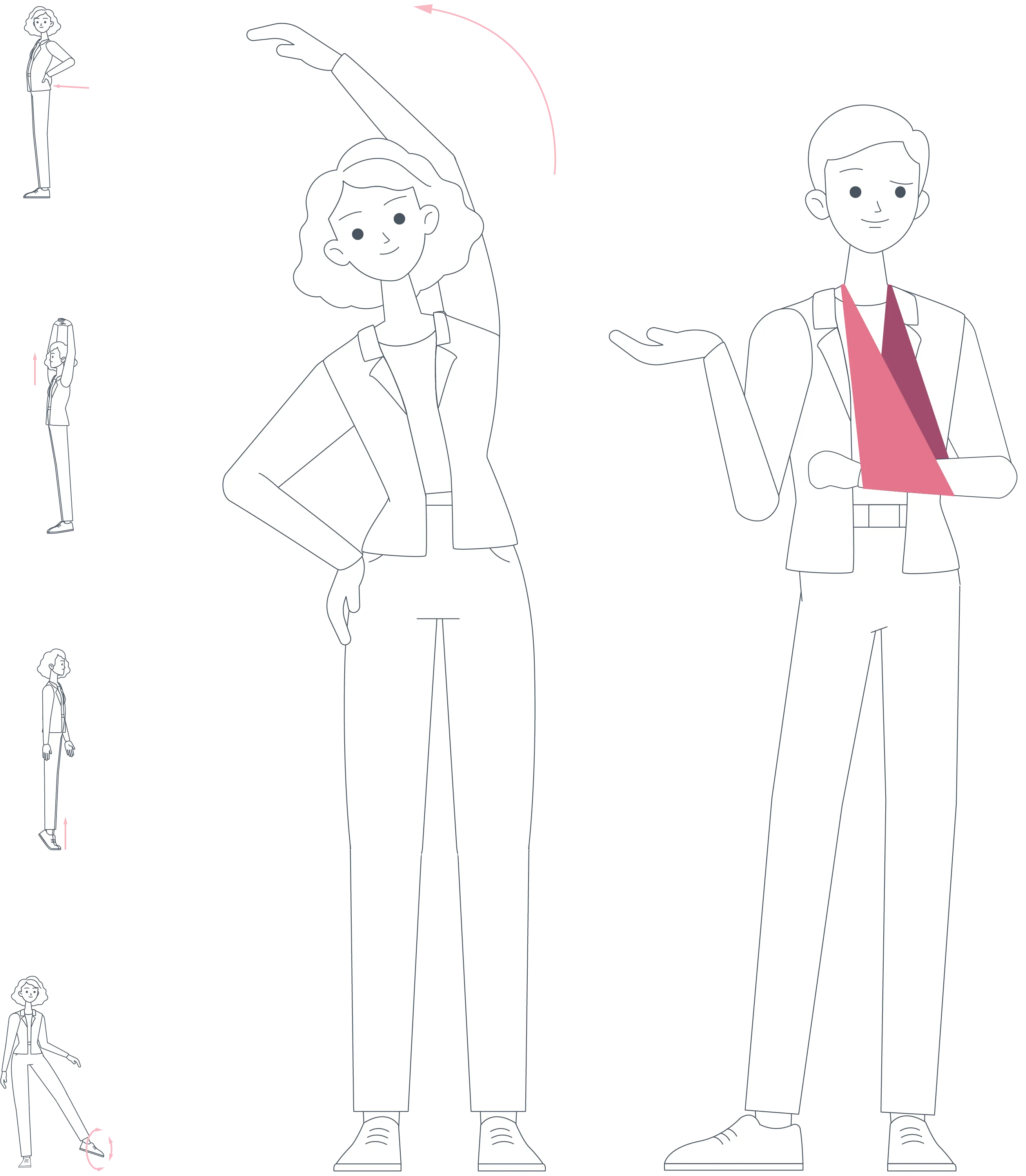 Line art of woman stretching one arm overhead and man with arm in a sling standing side by side.