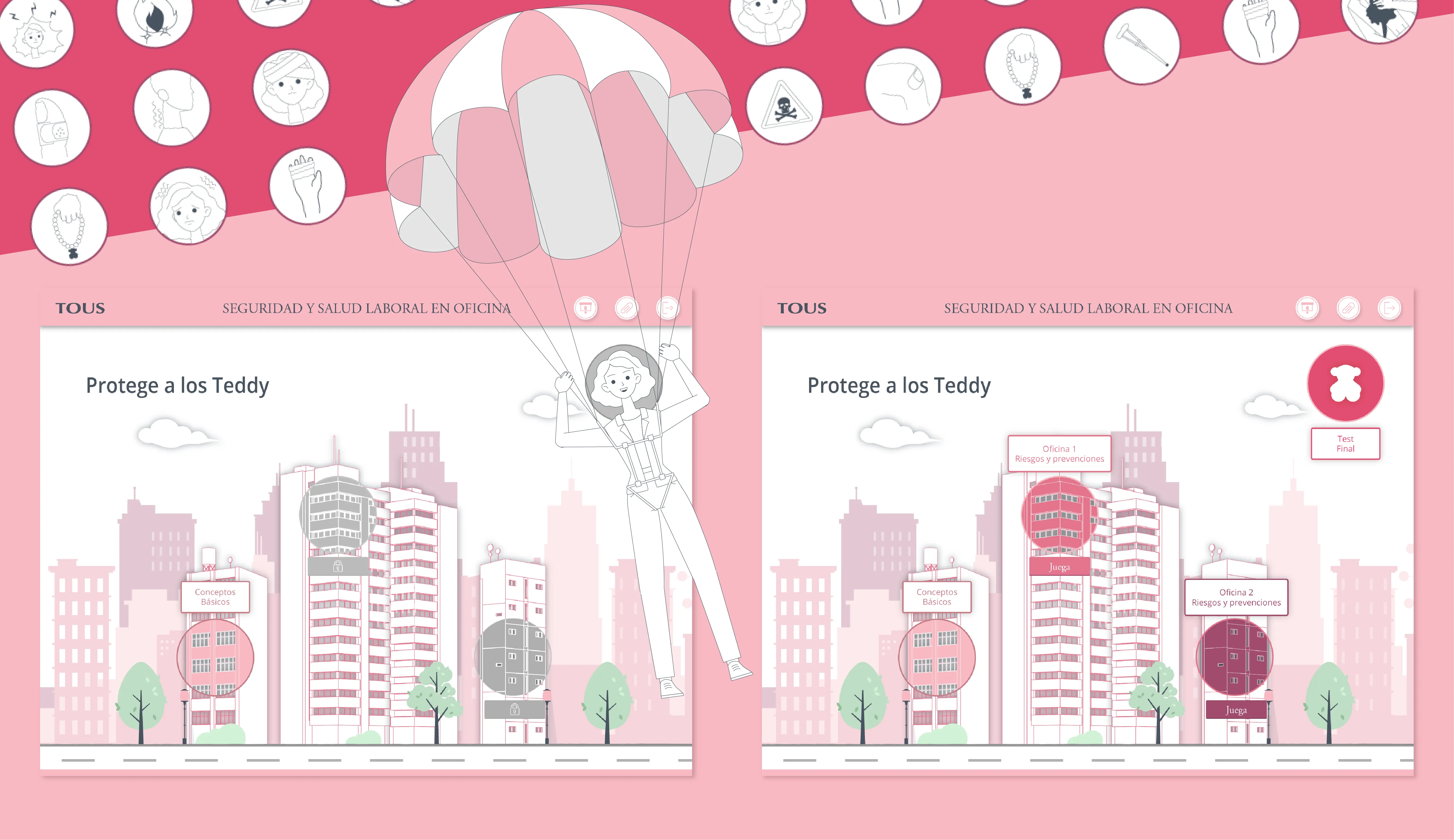Two pink cityscape illustrations titled 'Protege a los Teddy' with a parachuting woman in the center.