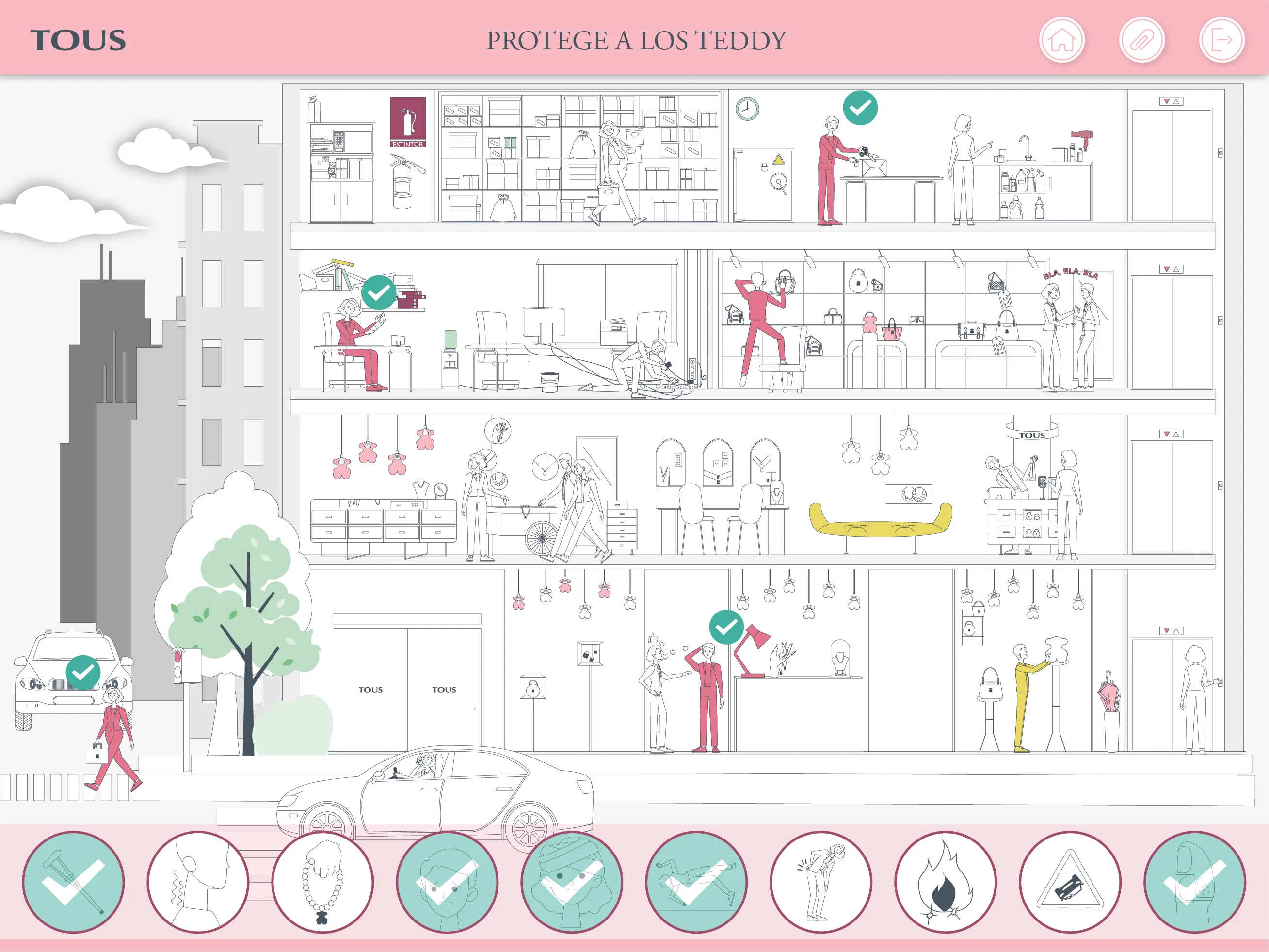 Illustration of a multi-floor store showing employees practicing safety measures with teal checkmarks.