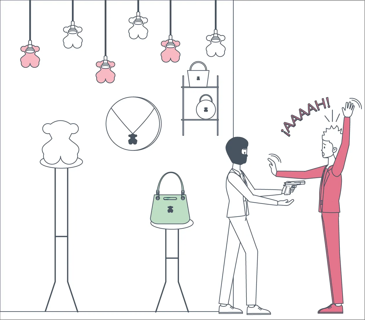 A man points a gun at a raising-hands man in pink suit in a Tous' shop.