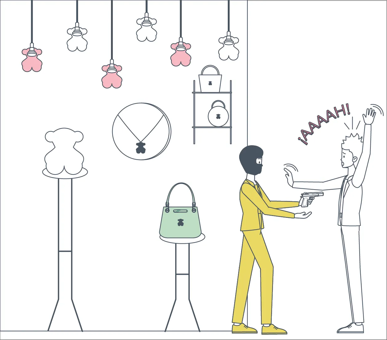 A man in yellow suit points a gun at a raising-hands man in a Tous' shop